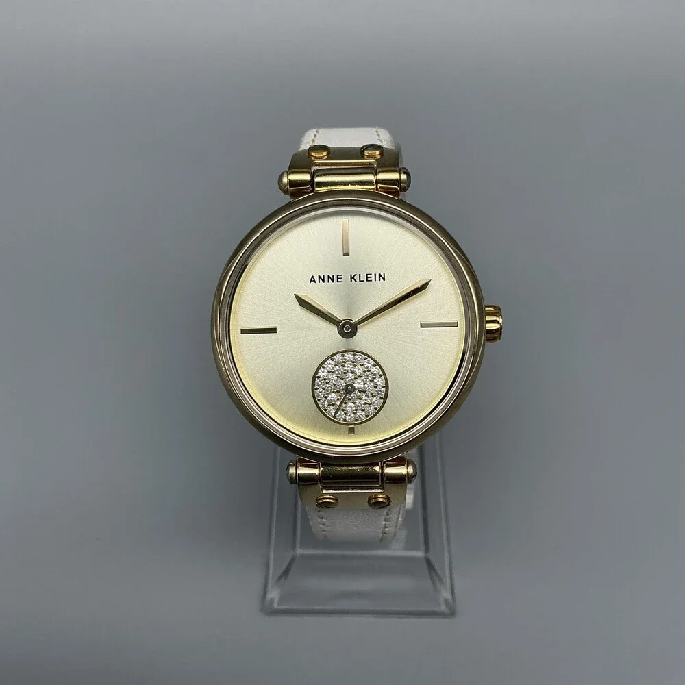 Anne Klein Womens Watch 34mm White Leather Gold Tone AK/3380 New Battery